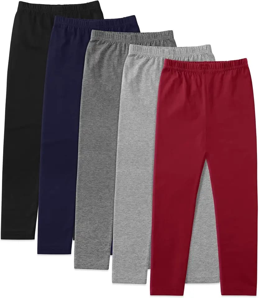 5 Pack Girls Cotton Leggings Soft Cotton Full Length Stretchy Pants, 4-14Y