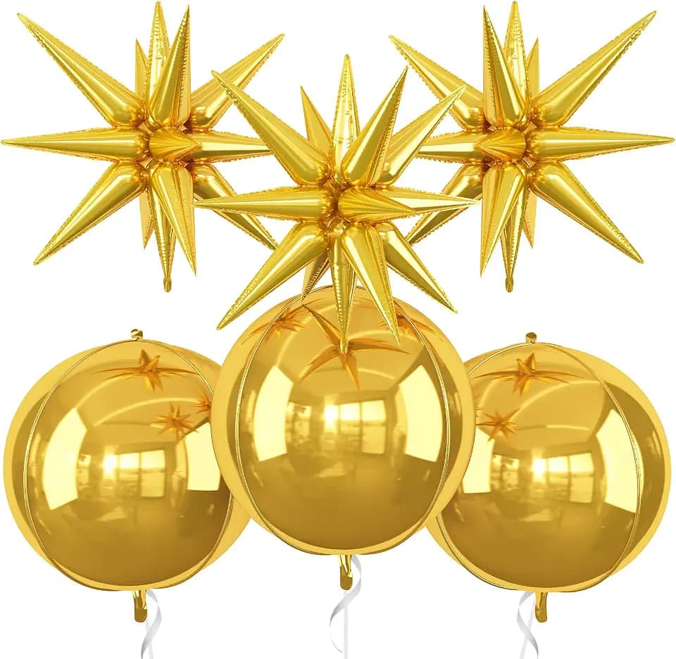 Foil Balloons, 6Pcs Gold 22Inch 4D Round Ball Explosion Star Birthday Baby