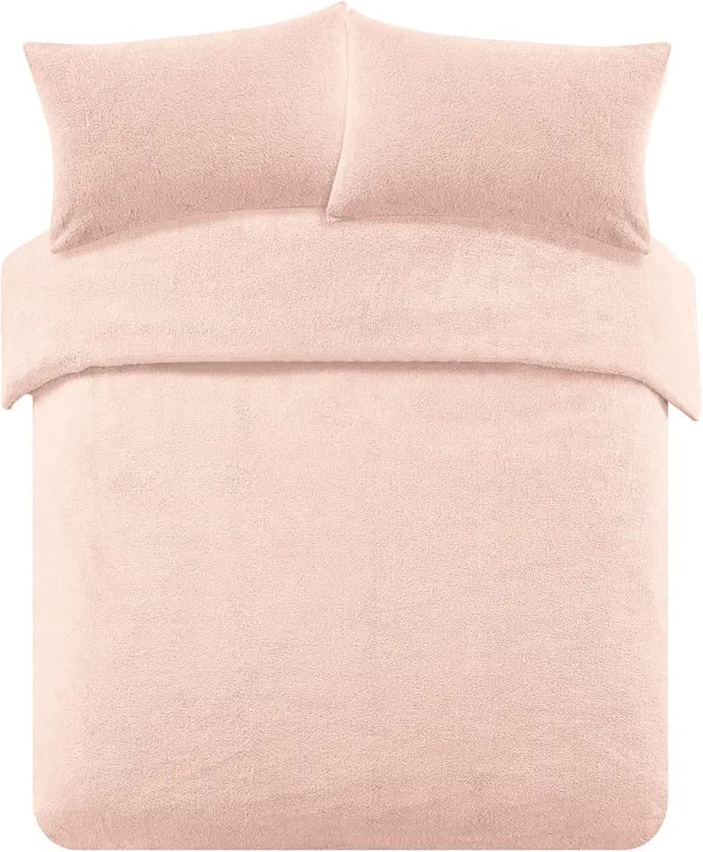 Brentfords Teddy-Fleece-Bettbezug mit Kissenbezug, wärmend, flauschig, warm, weich, zartrosa, für Doppelbett Blush Pink