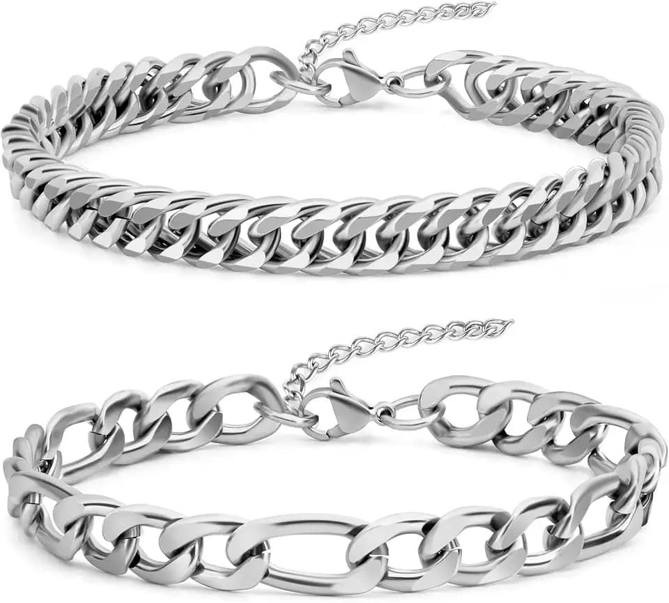 2PCS Cuban Link Figaro Bracelet for Men, Silver Gold Black Sturdy 316L Stainless Steel Cuban Link Chain with 2-inch Extension Chain Jewelry Set with Gift Message Card 8mm