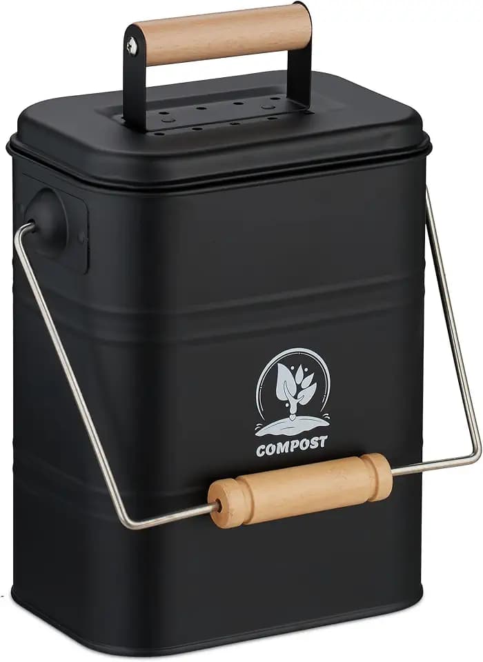 Relaxdays Komposteimer Küche, 3,5 Liter, 2 Aktivkohlefilter, Deckel, Henkel, Eisen & Holz, Biomüllbehälter, Farbwahl