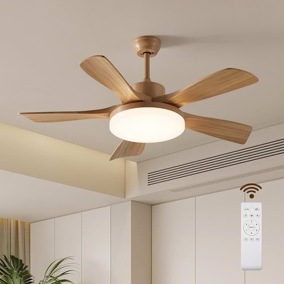 46 Inch Wood Ceiling Fan with Remote, Solid Wood 5 Blade Ceiling Fan with Light, Burlywood Rustic Flush Mount for Patios, Living Room, Dining Room, Bedroom, Farmhouse