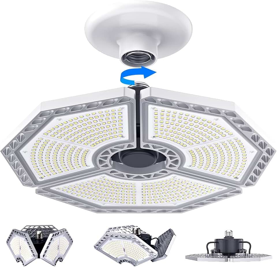 K KERNOWO LED Garage Lights, 140W 18500 Lumens Garage Lighting, 6000K Daylight with Deformable Three Panel Ceiling Light Fixture E26/E27 Triple Glow LED Shop Light for Basement Workshop Warehouse