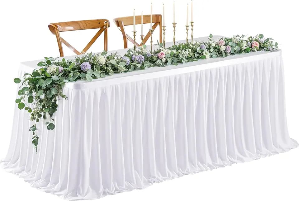 Wish Care 6ft Long White Table Skirt for Rectangle Tables Decorations - Wrinkle Resistant Polyester Pleated Table Skirting Desk Skirt for Office Baby Shower Birthday Party Wedding Banquet