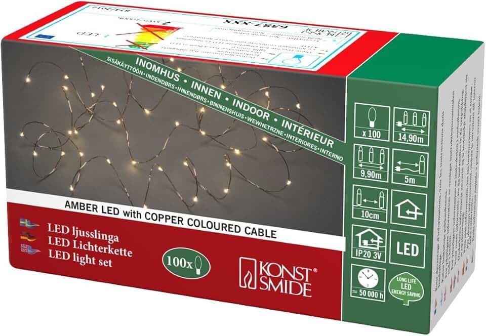 Konstsmide LED Tropfenlichterkette, 100 bernsteinfarbene Dioden, 3V Innentrafo, kupferfarbener Draht - 6387-860