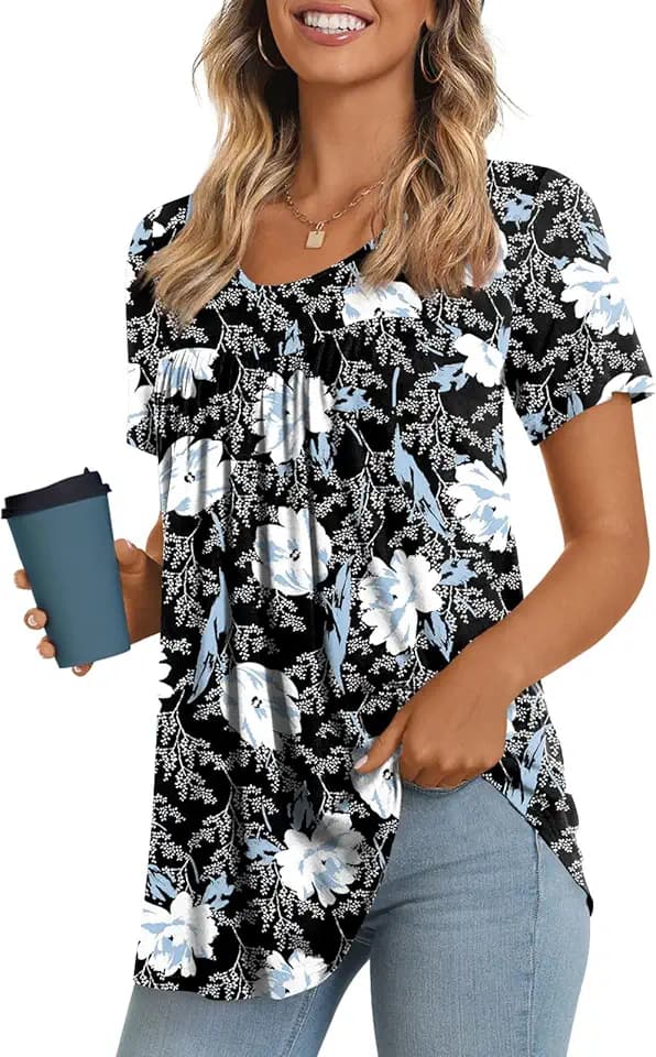 LONGYUAN Womens Tunic Tops 2026 Short Sleeve Shirts Summer Casual Tee Comfy Blouses S-4XL