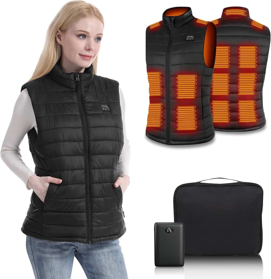 Beheizbare Weste, Heizweste Damen mit 15 Heizzonen, Beheizte Weste mit 10000mAh Akku Beheizbare Jacke mit 4 IN 1 Schalter Wärmeweste für Outdoor Motorrad Camping