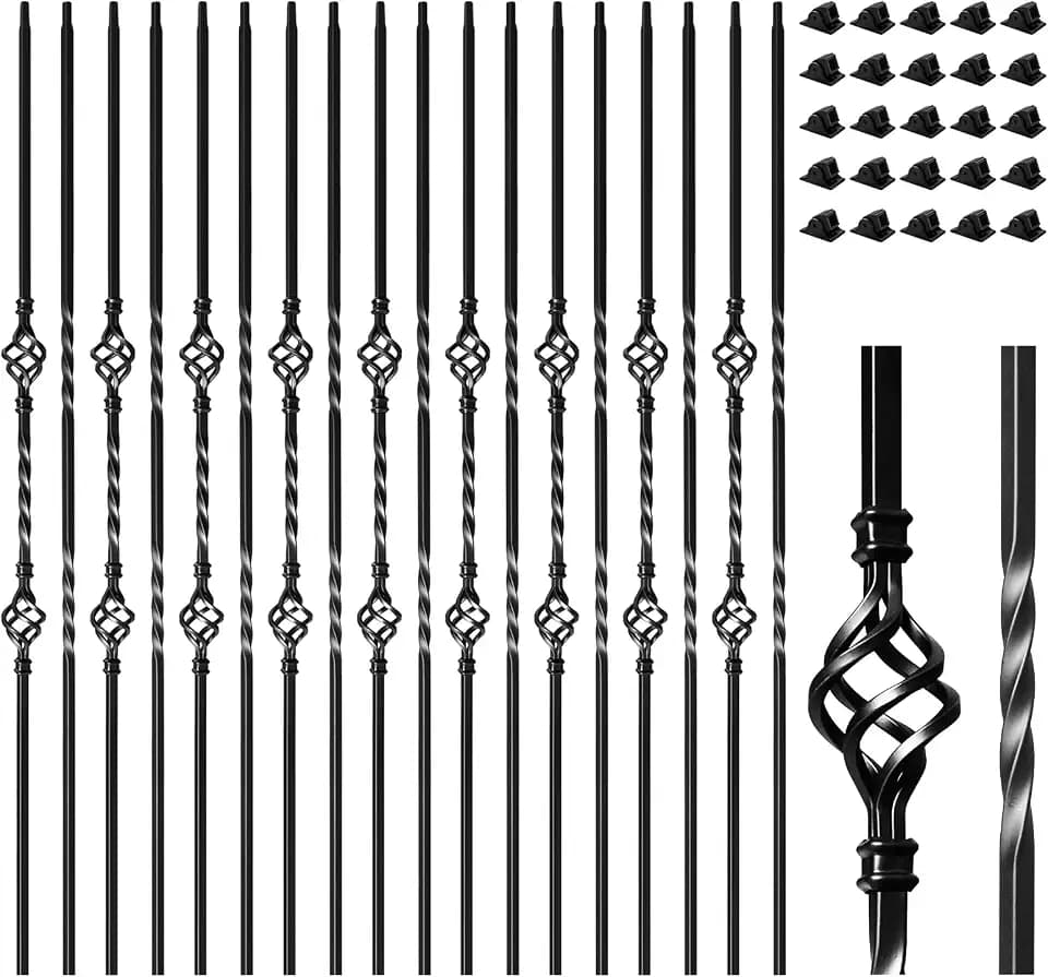 30 Pack Wrought Iron Balusters for Staircase Interior, 1/2" x 44" Hollow Deck Spindles Stair Railing Indoor with 60 Fixed Swivel Shoes, Metal Double Basket Decorative Stair - Matte Black