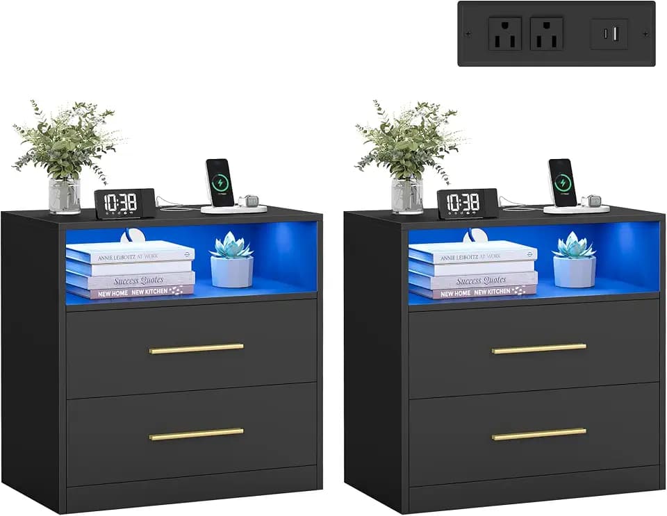 VASAGLE 23.6‑Inch Wide Nightstands, Set of 2, LED Lights, 2 Drawers