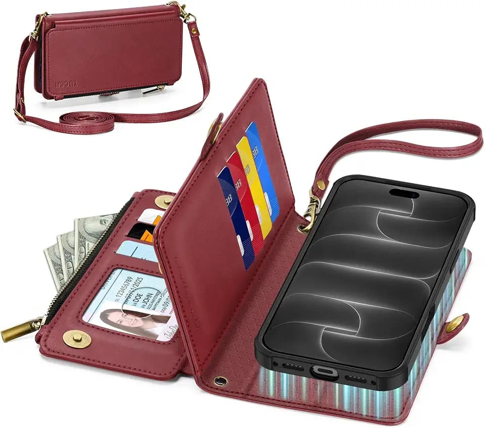 TUCCH Crossbody Case Wallet for iPhone 18 Pro Max/17 Pro Max 6.9", Dark Red