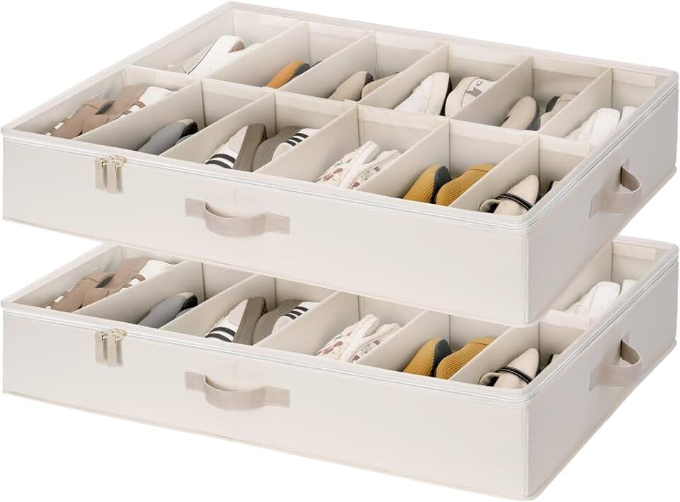 StorageWorks Unterbett Schuhaufbewahrungsbox, für bis zu 24 Paare, Faltbarer Schuhorganizer mit Bodenstütze, Schuhkasten für unter das Bett, Schuhboxen für Schrank, elfenbeinweiß, 2 Stück