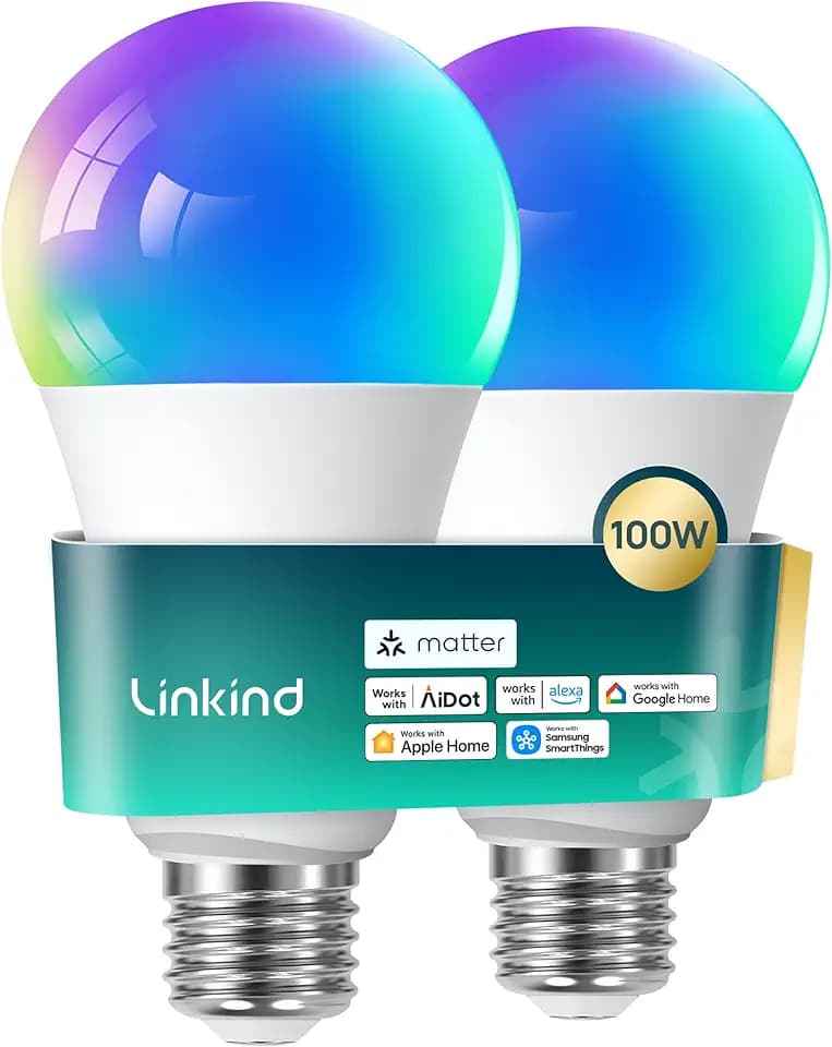 Linkind Matter E27 Smart LED Lampe 1600lm 14W, RGBTW & Weiß (1800-6500K), ersetzt 100W, 104 Szenen, 2,4GHz, kompatibel mit HomeKit/Alexa/Google/Siri/SmartThings, A67, 2 Stück