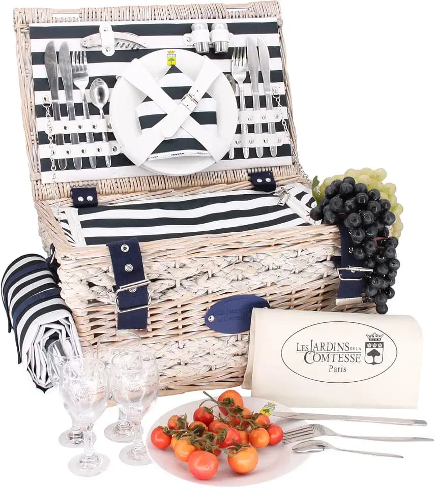 Les Jardins de la Comtesse - Picknickkorb Marine - Komplett/4 Personen - Kühlfach - Keramikteller und Weingläsern/Einer Wasserdichten Tischdecke - Gestreifter Stoff blau und weiß - 45 x 31 x 24 cm
