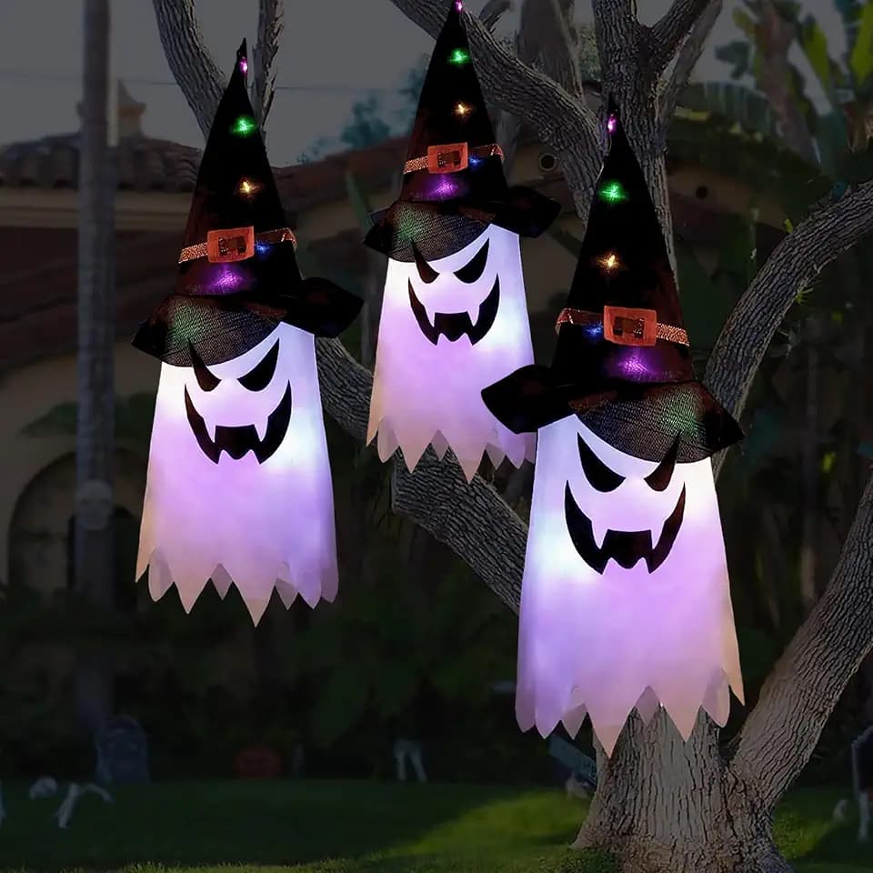 BokingOne Halloween Decorations Outdoor 3Pcs Large Size Hanging Lighted Glowing Ghost Witch Hat Decor with Lights String for Party Indoor Outside Ornaments and Yard Tree Garden