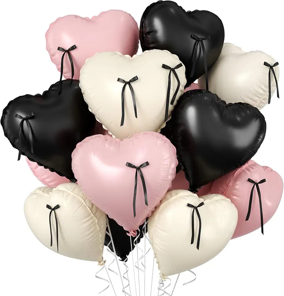 Pink Black Heart Balloons, 10PCS Bow Ribbons Foil for Girls Birthday Party