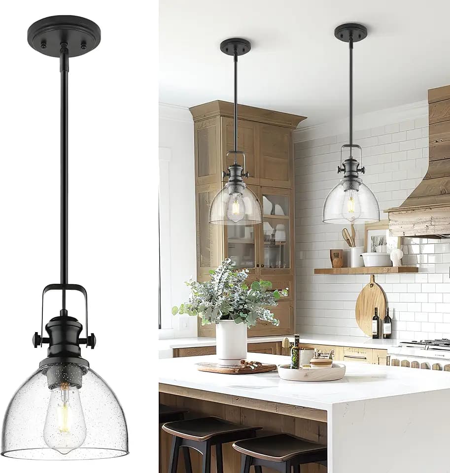 7.5" Black Pendant Lights Kitchen Island, Seeded Glass Shade