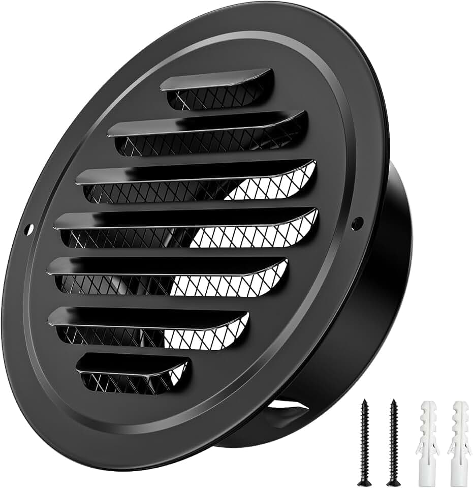 Hon&Guan 100mm Edelstahl Rund Lüftungsgitter mit Insektenschutz Fliegengitter, Entlüftungsabdeckung Verdickt Wand Lamellengitter Abluftgitter, Wetterschutzgitter für Küche, Bad, Dunstabzug, Schwarz