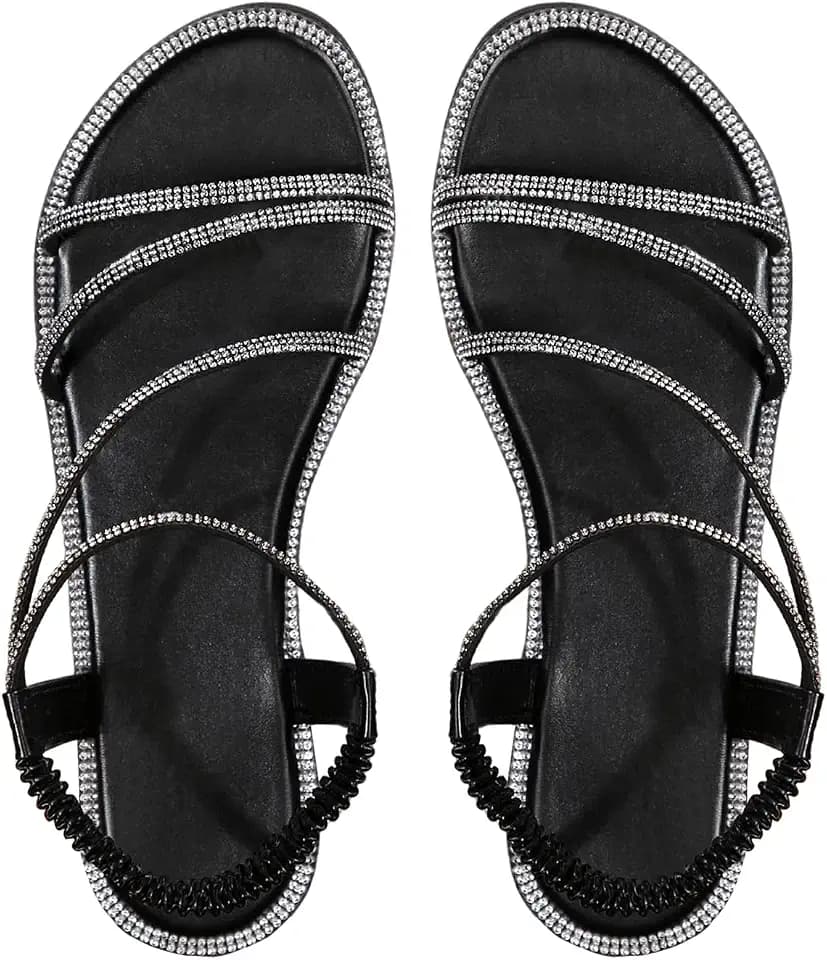 GORGLITTER Women's Rhinestone Dressy Flat Sandals Sparkly Strappy Shoses