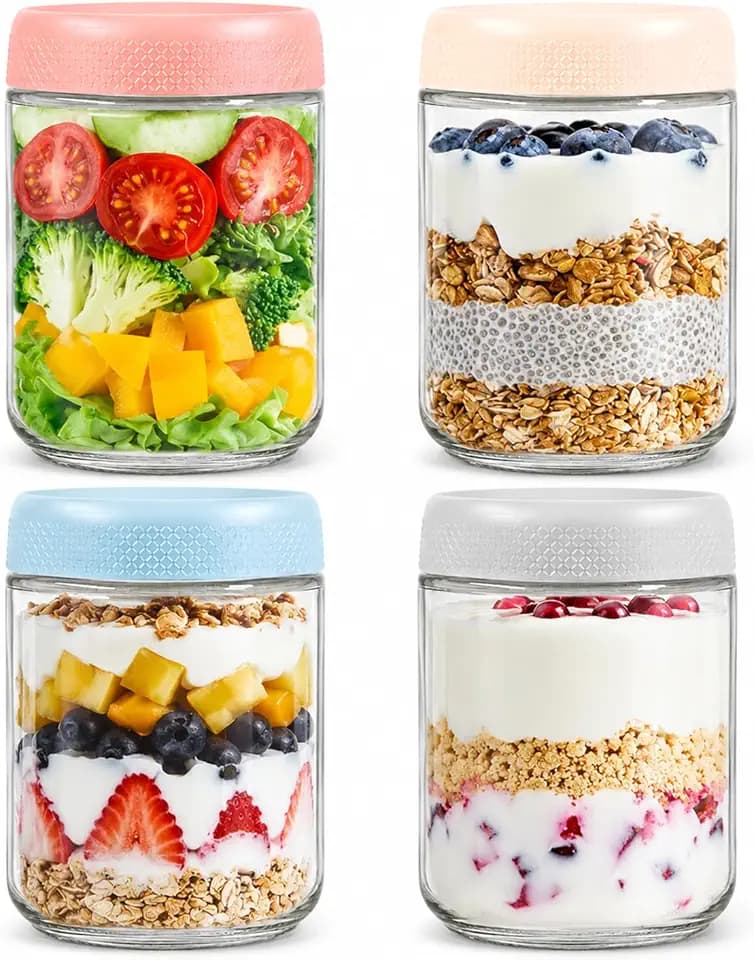 4er Set Overnight Oats Gläser 500ml mit Farbigen Deckeln - Meal Prep