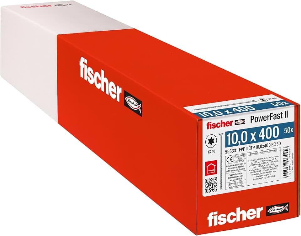 fischer PowerFast II CTP 10,0 x 400, kraftvolle Holzbauschraube mit Senkkopf, Innenstern-Aufnahme und Teilgewinde, für den konstruktiven Holzbau, 50 Stk.