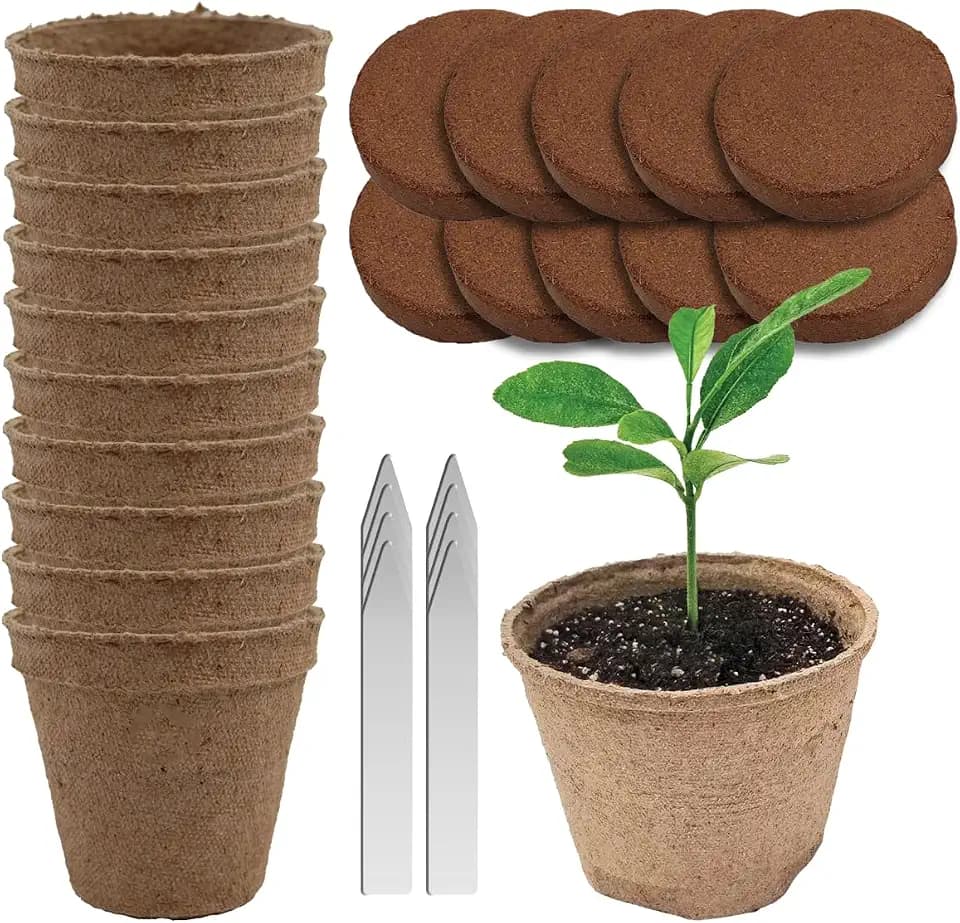 Seed Starter Kit - 10 Peat Pots, Coco Coir Discs & Markers