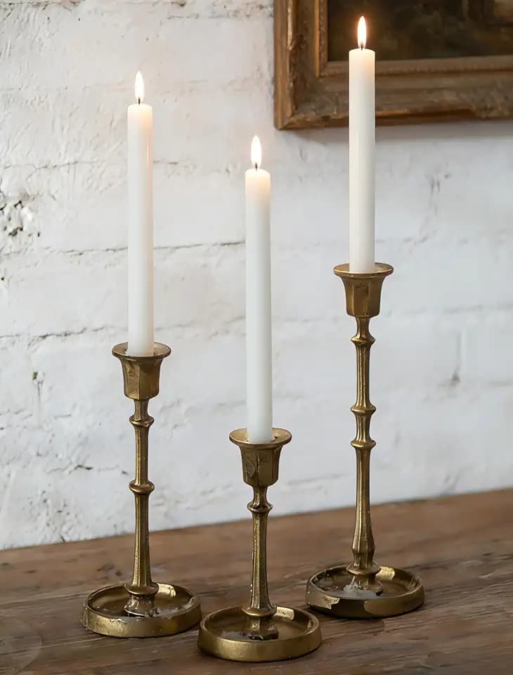 NUPTIO Cast Iron Taper Candle Holders, Set of 3 Antique Brass Candlesticks