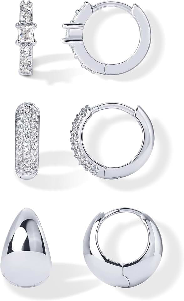 PAVOI 18K Gold Plated Set of 3 Huggie Hoop Earrings for Women, CZ Piercings