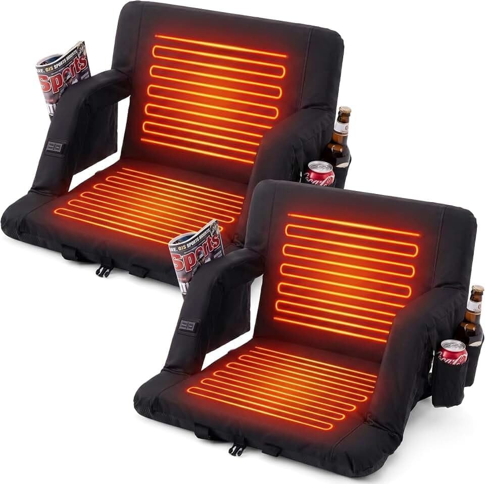Asrug Portable Stadium Seats with Back Support 6-Position Reclining Padded Bleacher Seats with Armrests 2 Large Pockets, 2 Cup Holders Non Slip Folding Stadium Seat for Outdoor Events (Black)