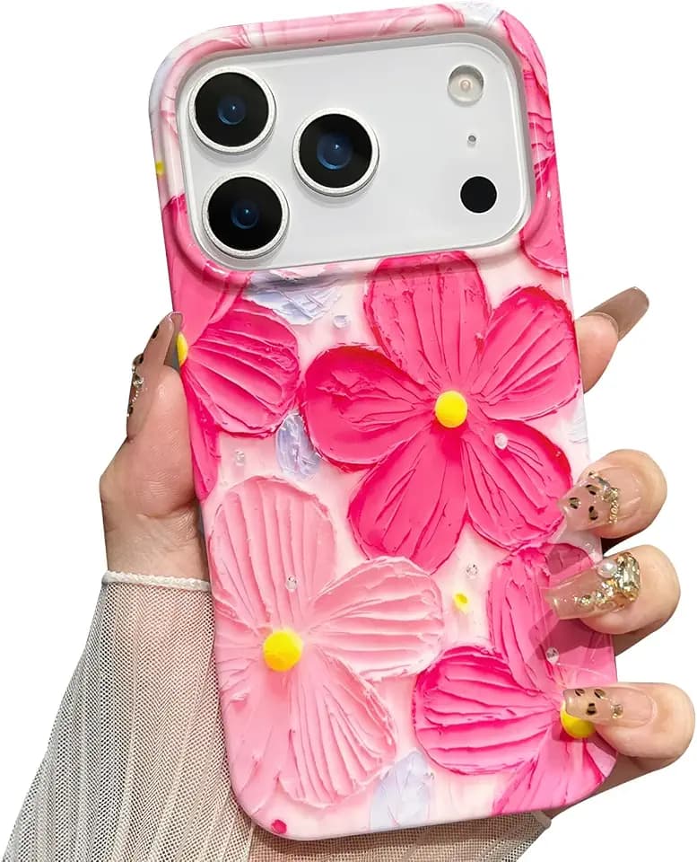 for iPhone 17 Pro Max Case Flowers Women Girly Aesthetic Sparkle Cute Floral with Phone Strap Charms Wristlet Oil Painting Shockproof Protective Phone Cases for iPhone 17 Pro Max Hot Pink