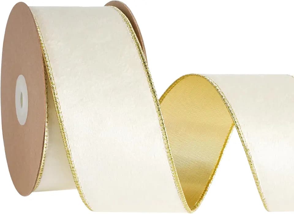 LaRibbons 2.5 Inch Ivory Velvet Wired Ribbon, Gold Edge, Metallic Back