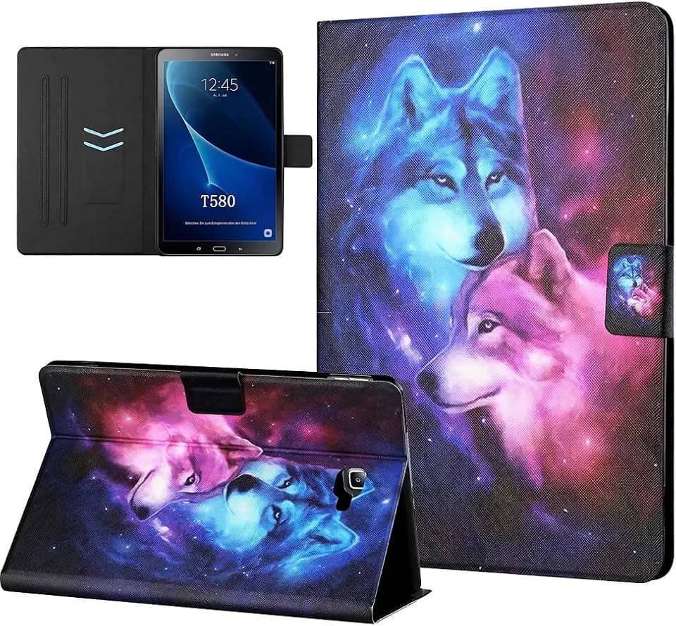 CasaFuny Hülle für Samsung Galaxy Tab A 10.1 2016 (T580/T585) Tablette Schutzhülle Ultradünne Hülle mit Ständer und Kartenschlitz und Auto Schlaf/Wachen für Samsung Galaxy Tab A6 10.1,Wolf