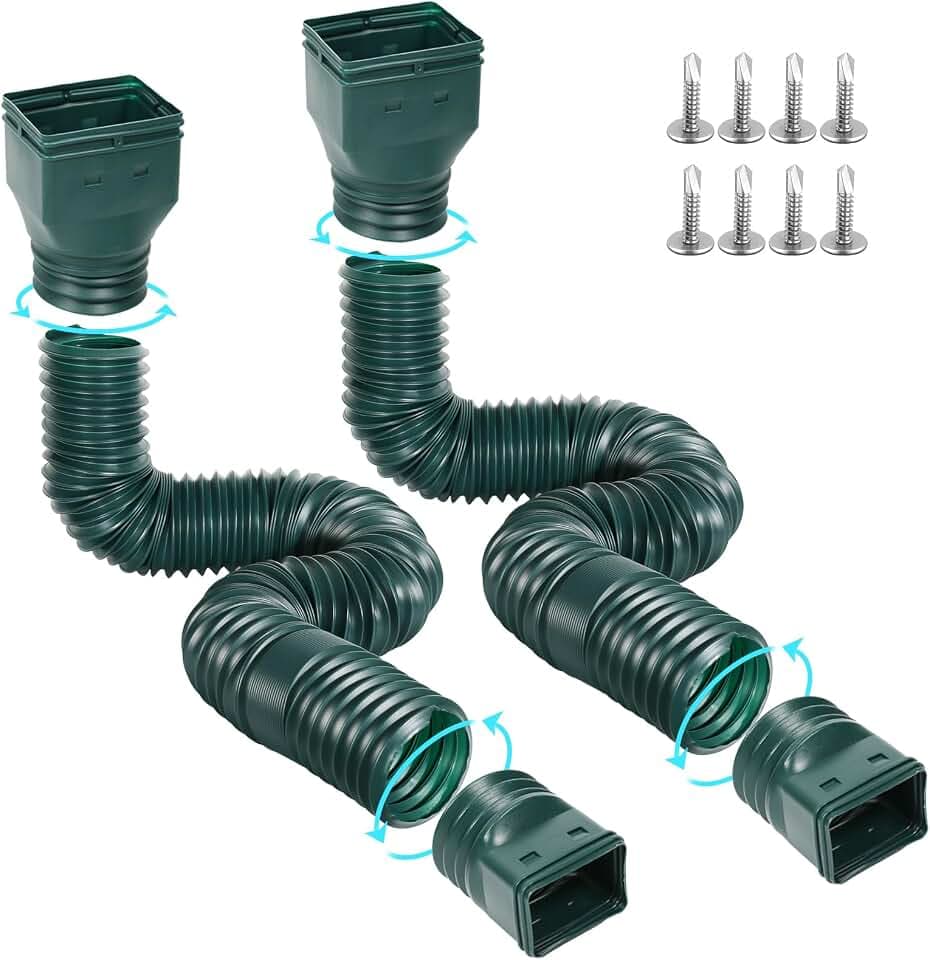 Gutterlix 2 Pack Flexible Gutter Downspout Extensions Extendable from 21" to 67", Downspout Extender Comes with Adapters, Thickened Down spout Drain Extension for Rainwater Drainage(Green)