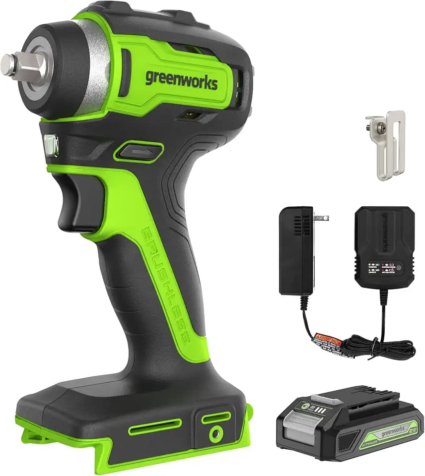 Greenworks 24V 3/8" Brushless Cordless Impact Wrench, 2.0Ah Battery and Compact Charger Included