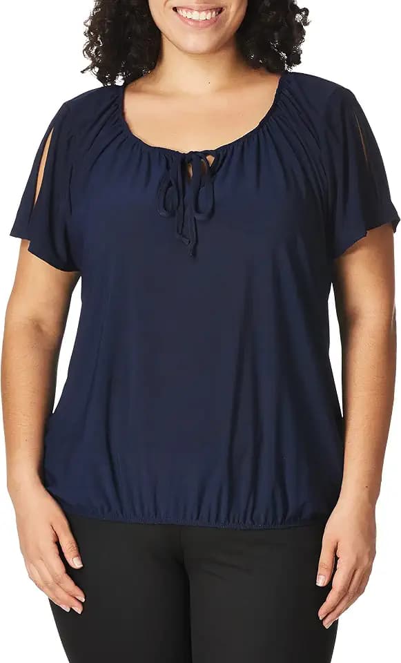 Star Vixen Women's Star Vixen Women's Petite Short/Slit Sleeve Keyhole-tie Peasant Top Bubble Hem