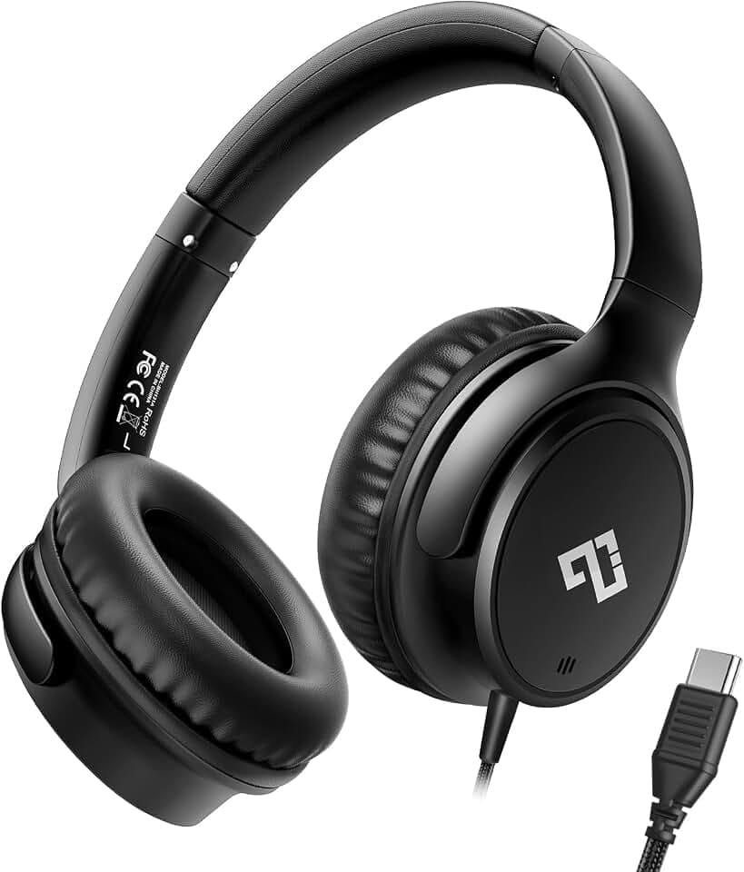 USB C Headphones Over Ear Wired Headphones with Mic, Noise Isolating-Black