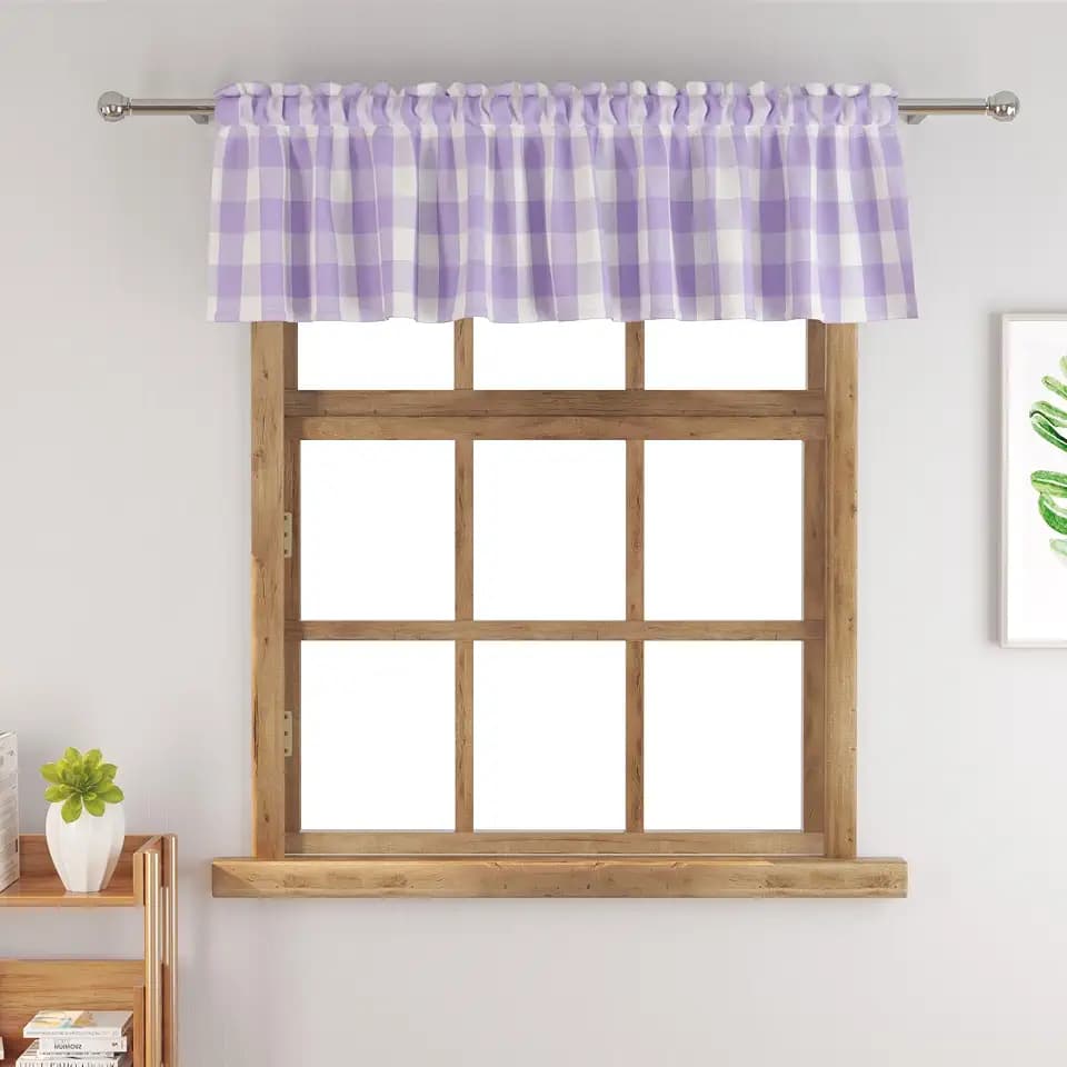 Buffalo Check Plaid Valances Gingham 1 Pack Tiers Rod Pocket Lightpurple and white Farmhouse Short Curtains For Windows Treatment Decor Small Curtains Over Sink For Kitchen/Living Room 12 Inch Length