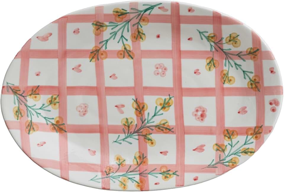 Creative Co-Op Stoneware Oval Platter with Grid Pattern and Botanicals, Multicolor