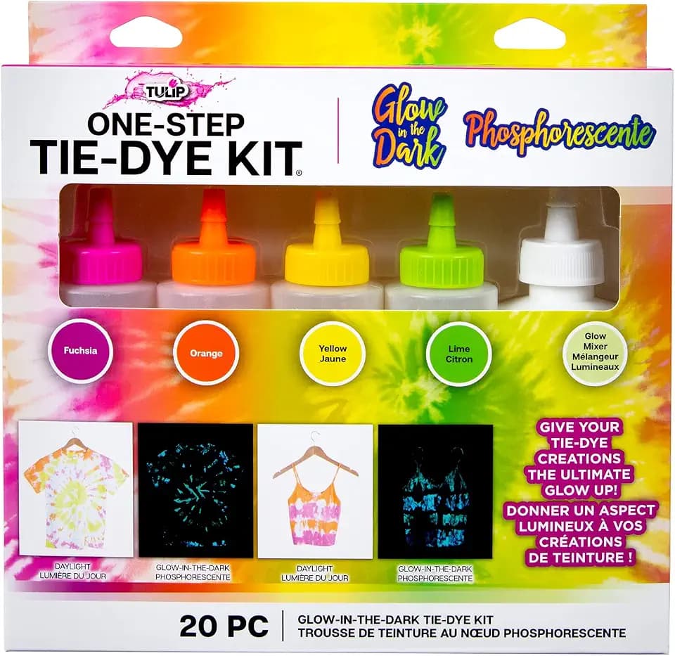 Tulip One-Step Tie-Dye Kit, Glow in the Dark Neon 4-Color Kit with Glow Mix, Easy Techniques for Fun Fabric Designs