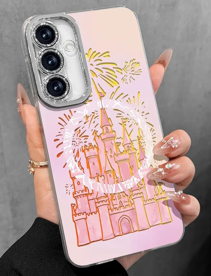 Toycamp for Samsung Galaxy S25/S24 Case - Compatible with Magsafe Aesthetic Cute Holographic Galaxy S25 Case with Diamond Bling Lens Protector for Samsung S24 Cover for Women Girls, Fireworks Castle