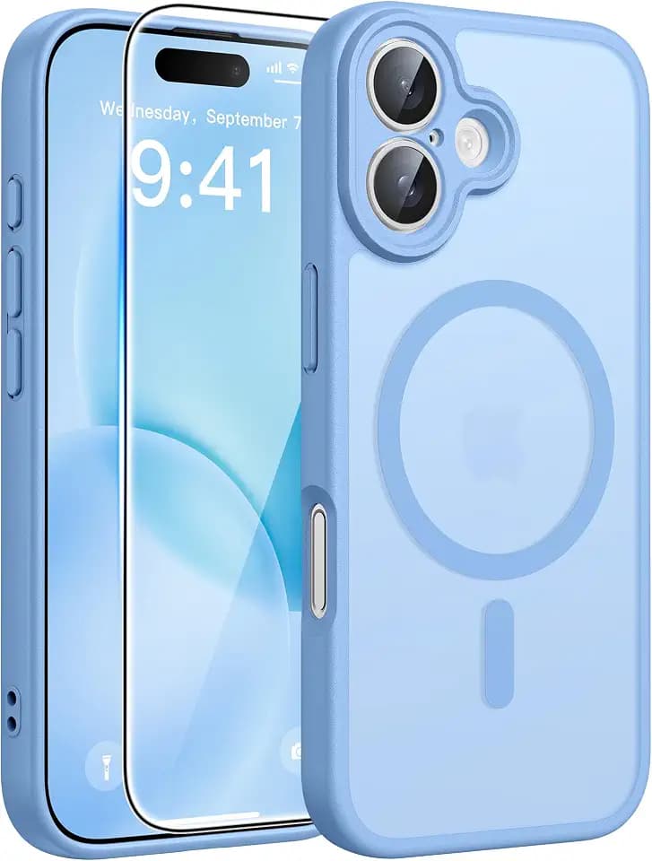 FNTCASE for iPhone 16 Case, Fit for Magsafe, Screen Protector, Light Blue