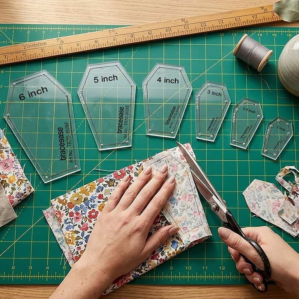 Traceease 6 Pcs Coffin Acrylic Quilting Templates, Clear Patchwork Cutting Stencil in 6 Sizes, 4 MM Thick with 0.25 Inch Seam Allowance for Perfect Patchwork, Quilt Blocks, Decoration Scrapbooking