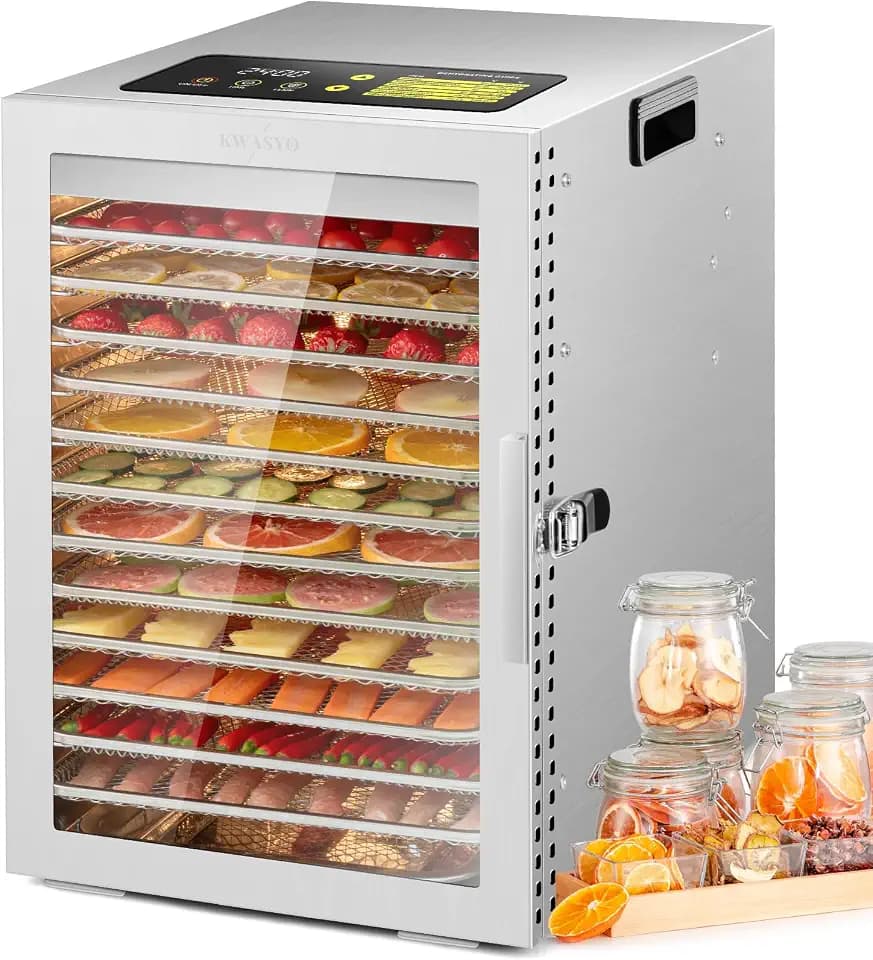 Kwasyo Dörrautomat Edelstahl, Doppelventilator 360 ° Effizientes Dry, Dörrgerät 12 Etagen, 30-90℃ Temperaturregelung, 24 Stunden Timer, Überhitzungsschutz, Rezeptheft für Fleisch Obst Gemüse Kräuter