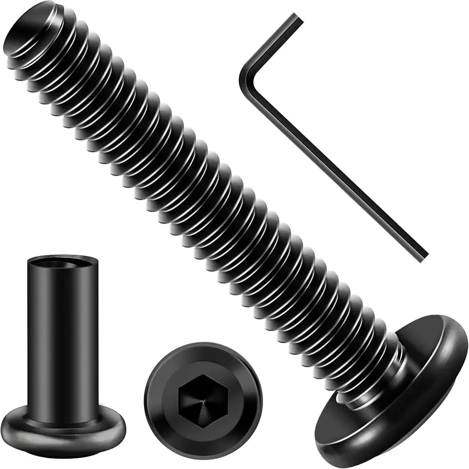 Mywish 1/4-20 x 1-1/2" Flat Head Socket Cap Screws Bolts and Barrel Nuts Kit, 304 Stainless Steel Black Oxided Fully Thread 1/4 Furniture Nuts and Bolts Screws with Hex Spanner (20Sets)