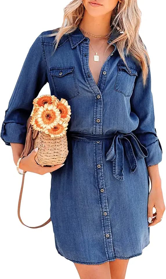 Loalirando Kurzes Damenkleid, schick und elegant, mit langen Ärmeln, Denim, Knopfleiste, Reverskragen, mit Gürtel an der Taille