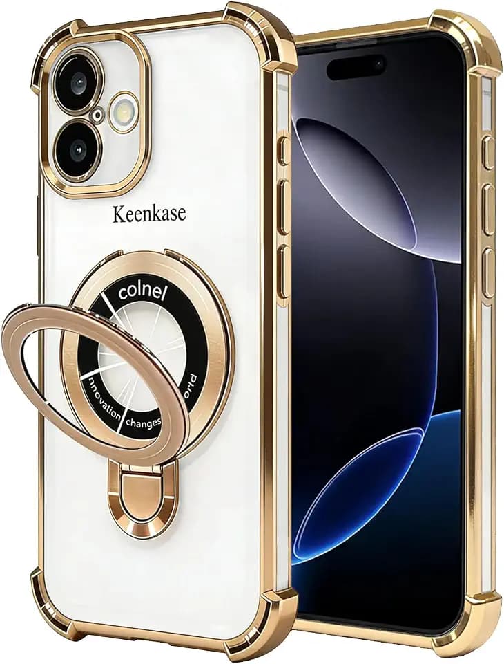 Magnetic TPU Case for iPhone 17 Case with Stand, Full-Coverage Shockproof Transparent Case with MagSafe, Four-Corner Airbags and Lens Protection for iPhone 17, Gold