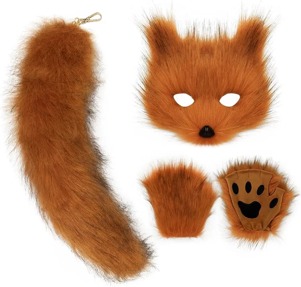COSYEARS Cat Fox Mask Tail and Paws Gloves Set Furry Animal Therian Kit Masquerade Halloween Costume Accessory