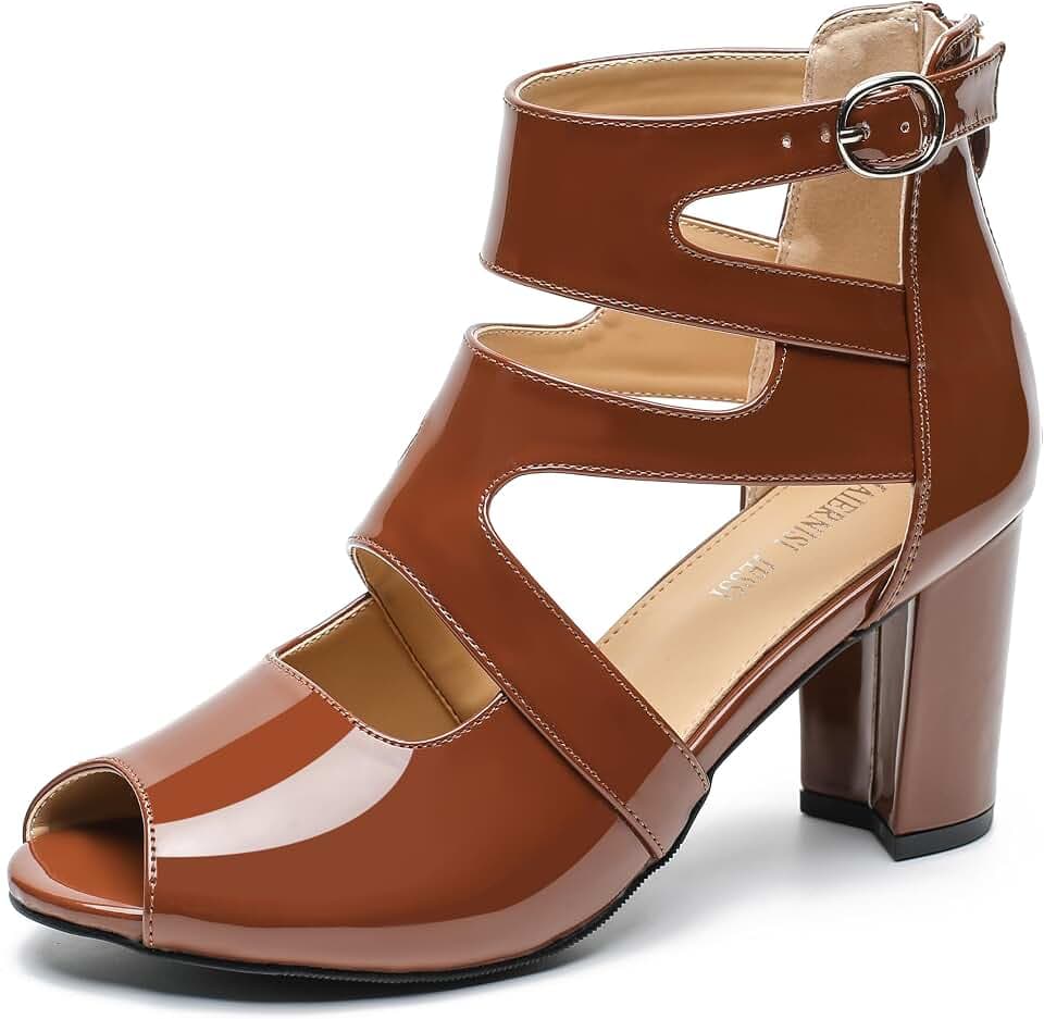 MAIERNISI JESSI Women's Gladiator Peep Toe Sandals, Cutout Block Heel, Ankle Strap Buckle, Zip