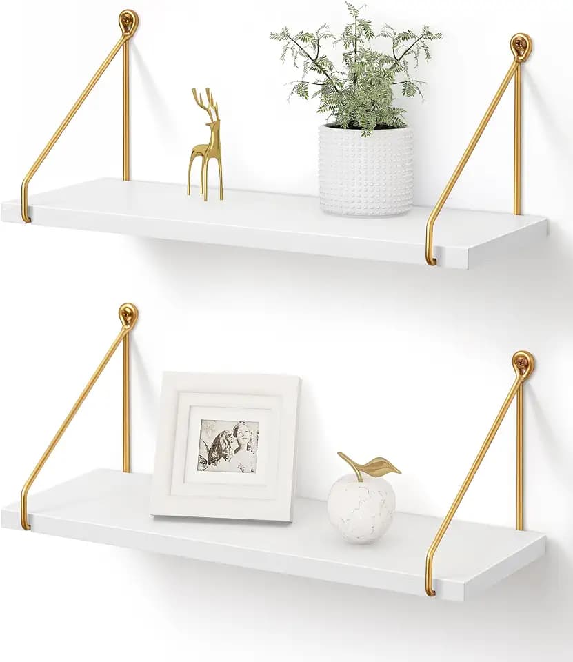 Afuly Wandregal Weiß Holz, 42 cm Regal Wand Mit Goldenem Metall, 2Er-Set
