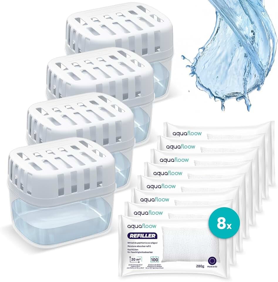 Aquafloow 4x Dehumidifiers + 8x Granulat im 280g Nachfüll-Beute, Luftentfeuchter Nachfüllbeutel, Nachfüll-Packs | Verhindert Schimmel, Schützt Wände Unangenehme Gerüche