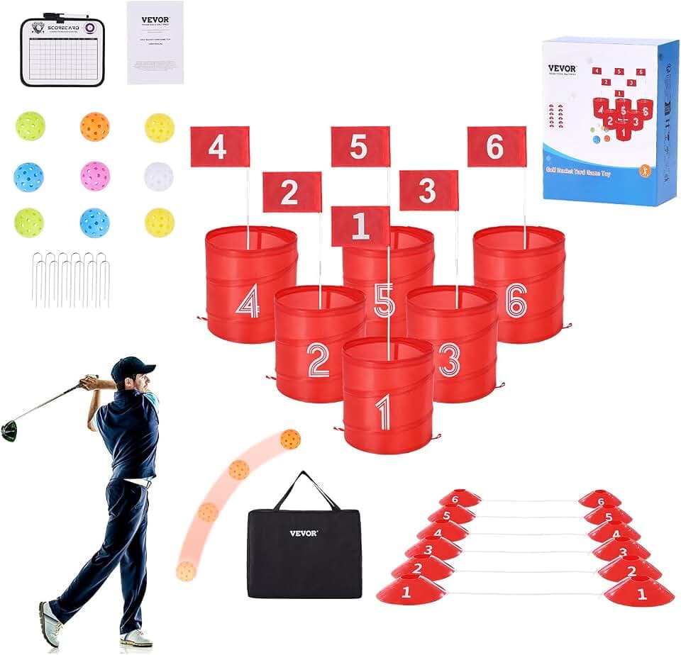 VEVOR Golfspiel Set, 6-Loch-Golfplatz, Übungsspiele für Golf im Eimer, Golf-Chipping-Spiel für den Außenbereich, tragbares Outdoor-Golfspiel, Ideal für Rasen, Hof, Camping, Park, Strand